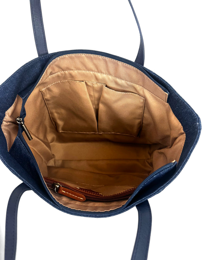 Navy Blue Denim Embroidered Tote Bag