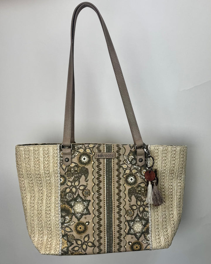 Mauve and Cream Woven Tote Handbag