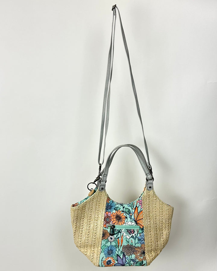 Blue Floral And Raffia Shoulder Bag
