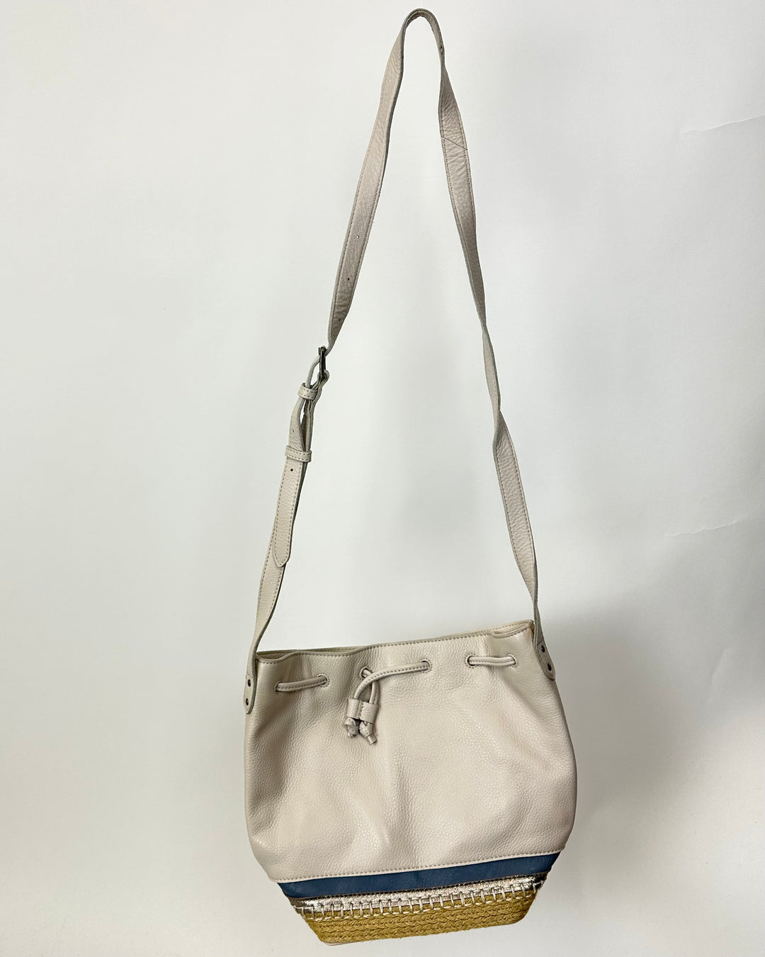 Cream Leather Drawstring Crossbody Bag