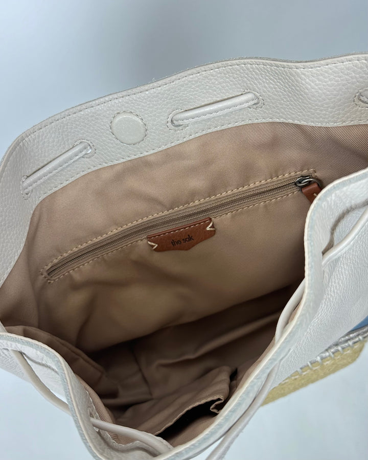 Cream Leather Drawstring Crossbody Bag