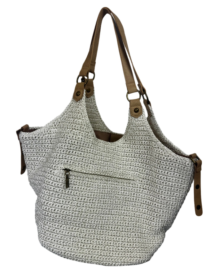Ivory Crochet And Tan Leather Shoulder Bag