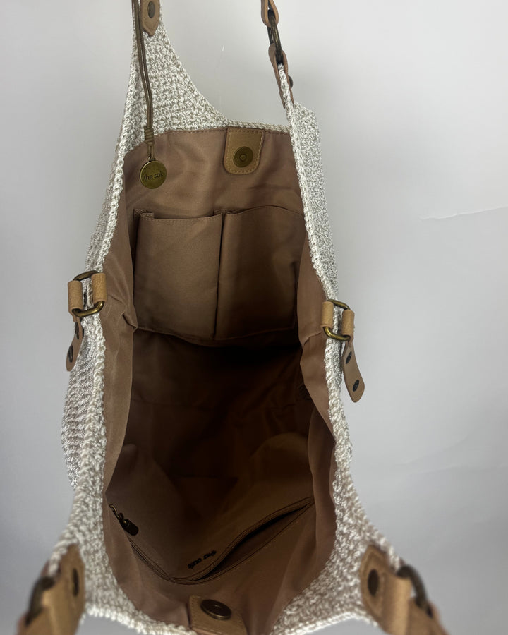 Ivory Crochet And Tan Leather Shoulder Bag