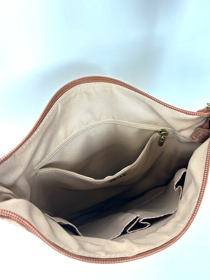 Brown Suede Embroidered Crossbody Bag