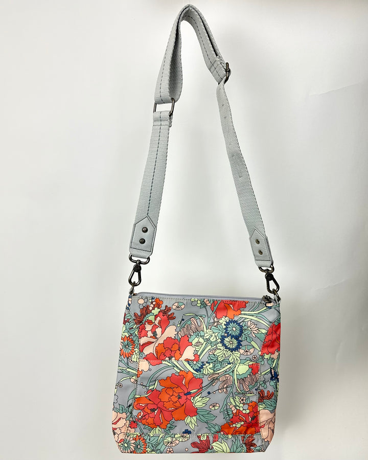 Grey Floral Crossbody Tote Bag