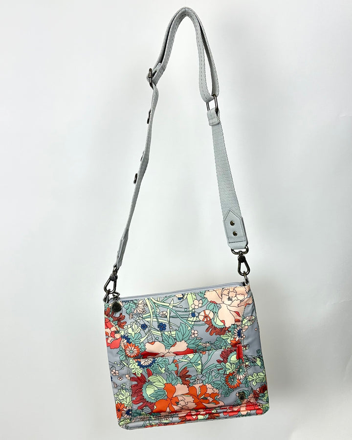Grey Floral Crossbody Tote Bag