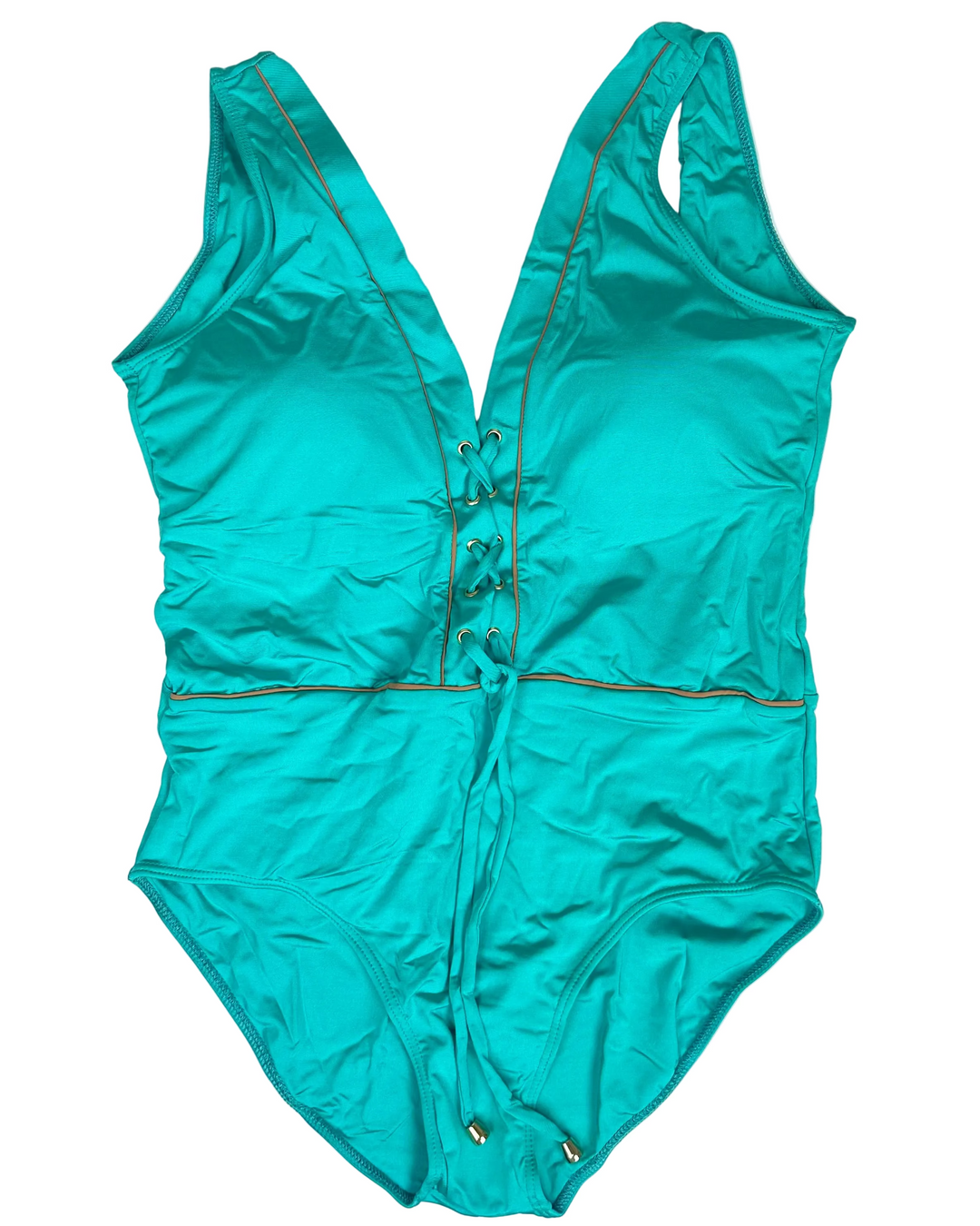 Teal Blue and Tan Trim One Piece Swimsuit - Size 12/14