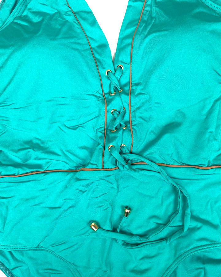 Teal Blue and Tan Trim One Piece Swimsuit - Size 12/14