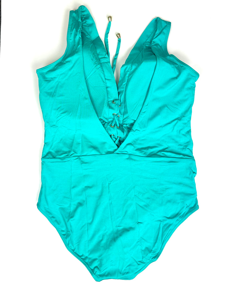 Teal Blue and Tan Trim One Piece Swimsuit - Size 12/14