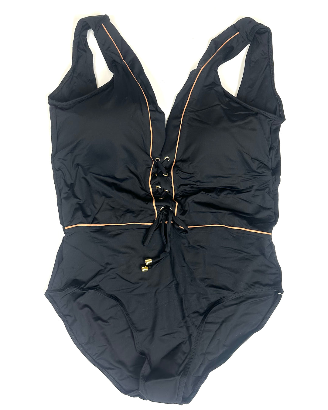 Black and Tan Trim One Piece Swimsuit - Size 12/14
