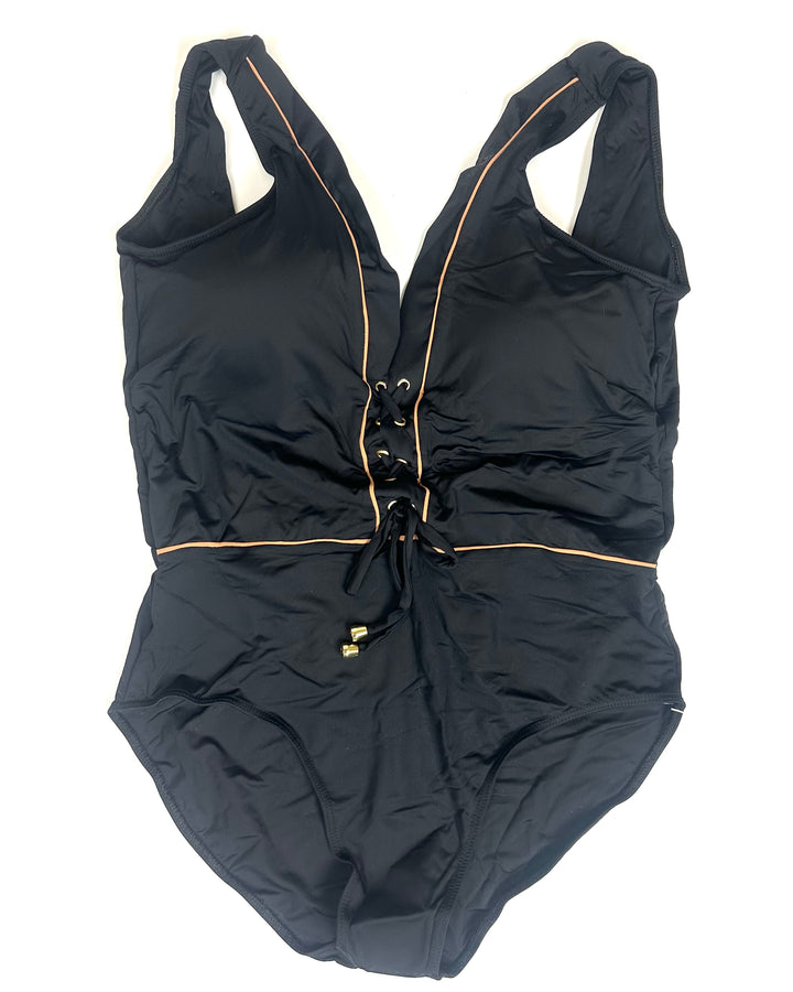 Black and Tan Trim One Piece Swimsuit - Size 12/14