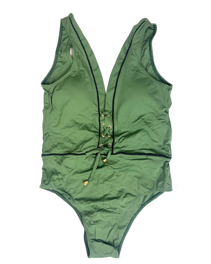 Green and Black Trim One Piece Swimsuit - Size 8/10