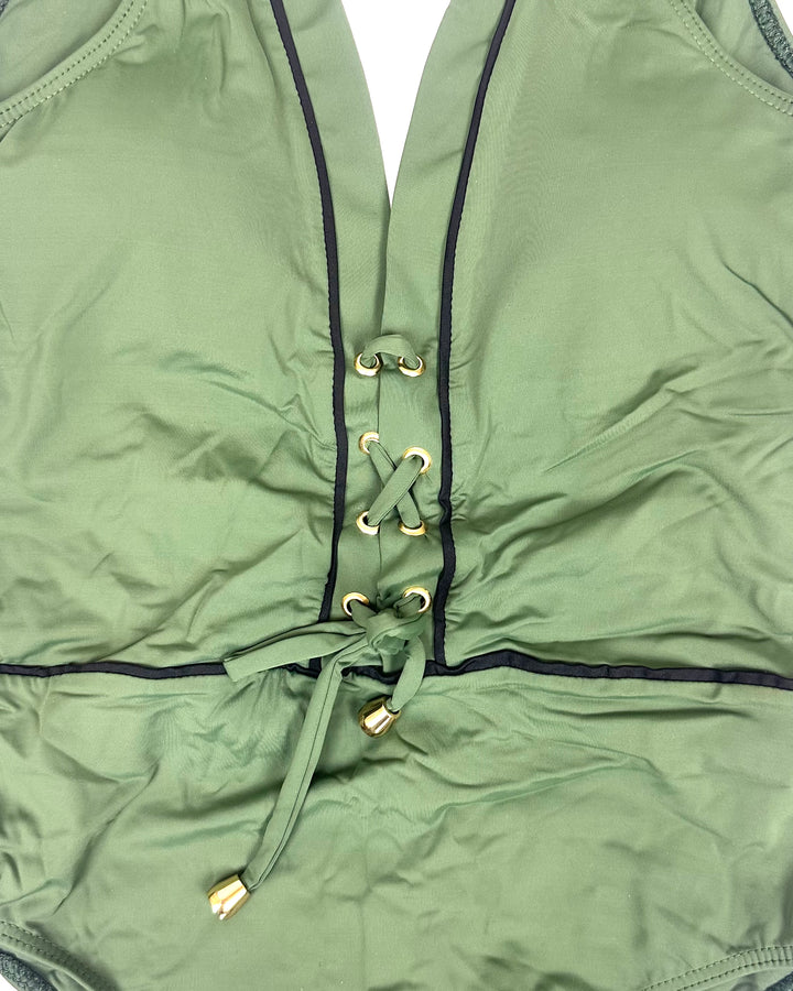 Green and Black Trim One Piece Swimsuit - Size 8/10