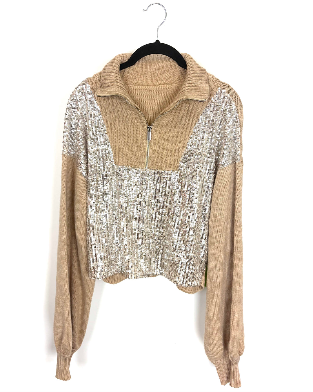 Beige Sequin Zip Sweater - Size 6/8