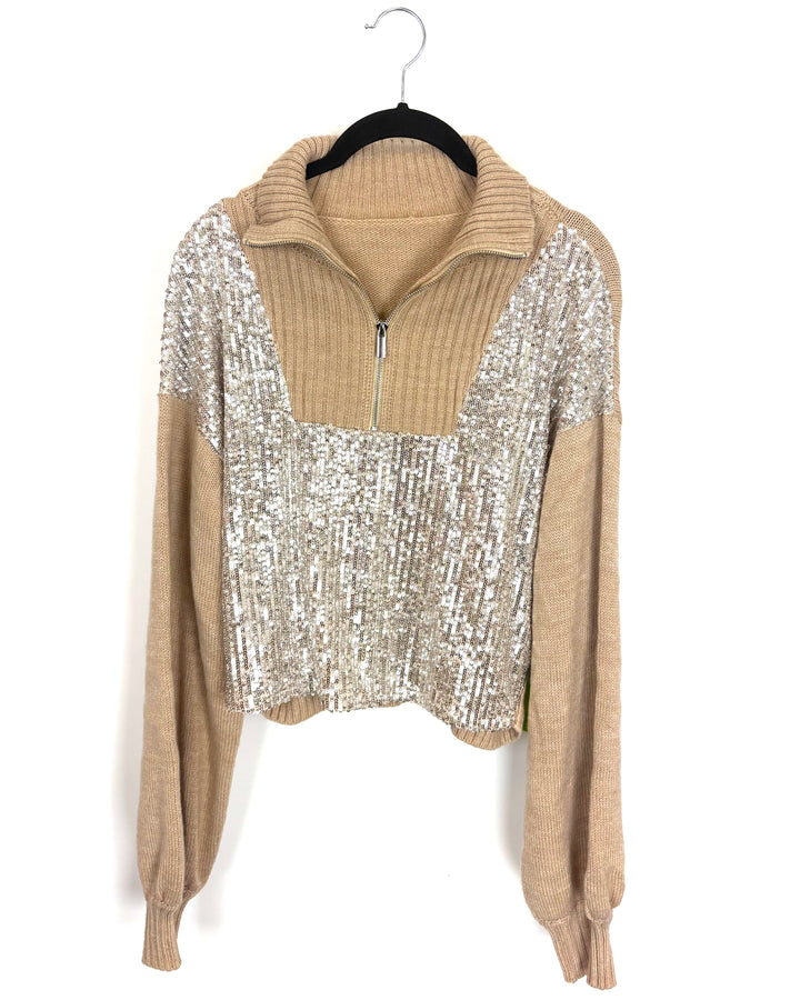 Beige Sequin Zip Sweater - Size 6/8