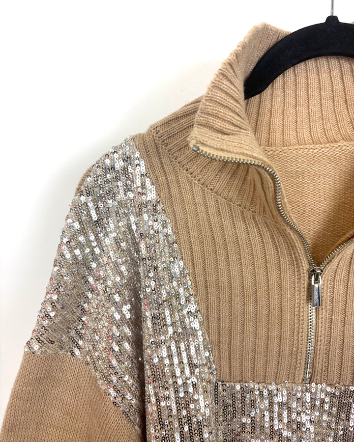 Beige Sequin Zip Sweater - Size 6/8