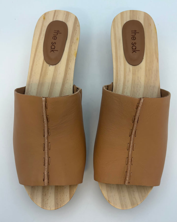 Tan Leather & Wood Mules - Size 9