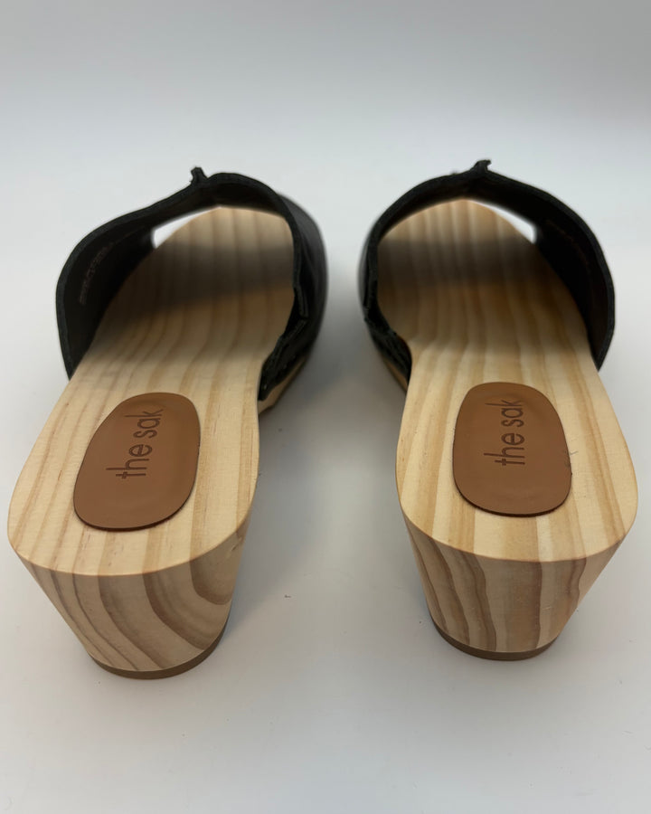 Black Leather & Wood Mules - Size 8 and 9
