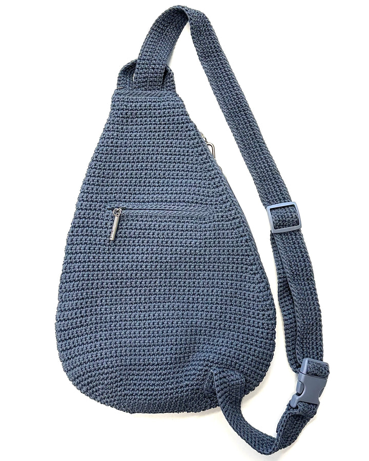 Dusty Blue Crochet Sling Backpack Bag