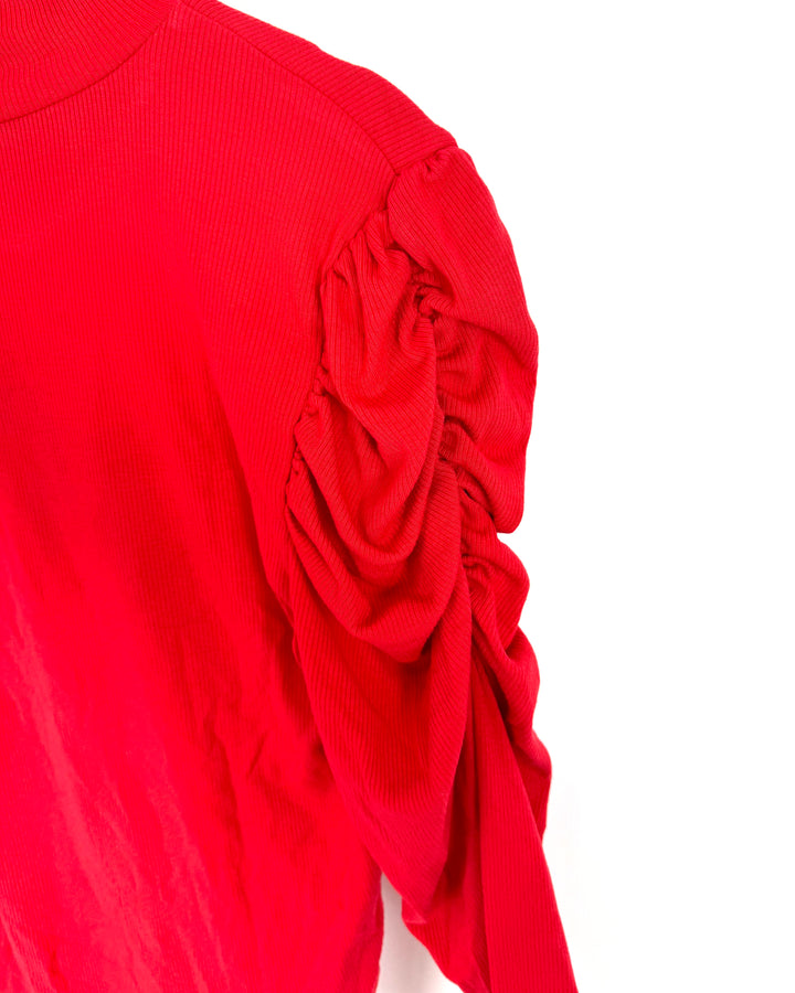Red Ruched Long Sleeve Top - Medium