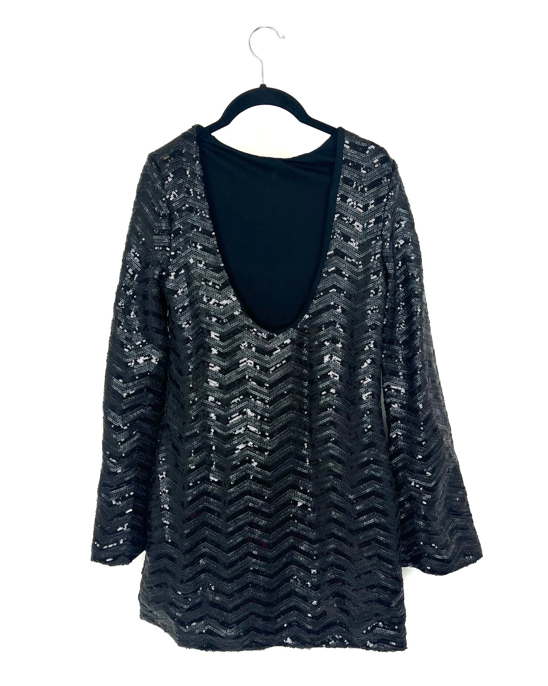 Long Sleeve Black Sequin Mini Dress - Small