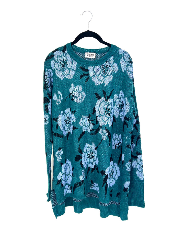 Teal Floral Print Sweater - Small