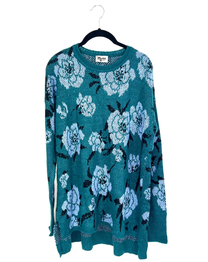 Teal Floral Print Sweater - Small