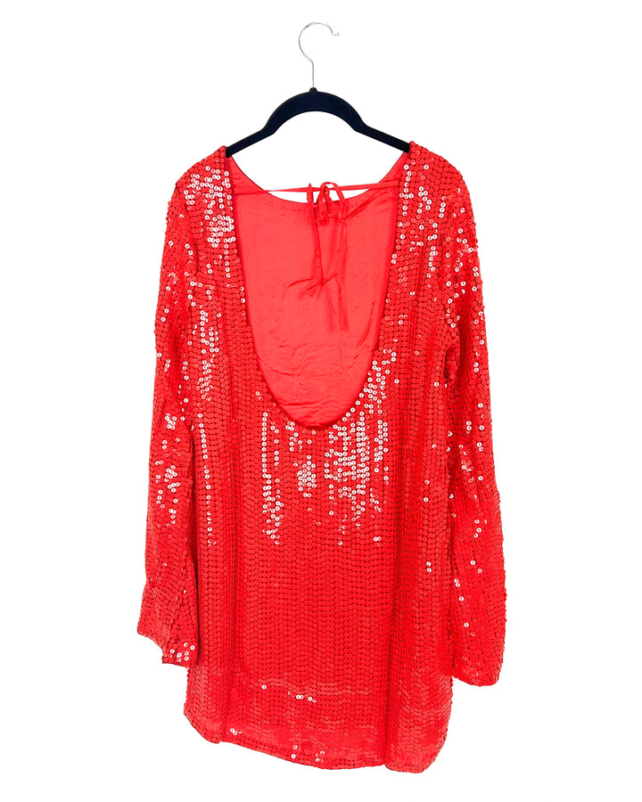 Red Sequin Open Back Long Sleeve Mini Dress - Small