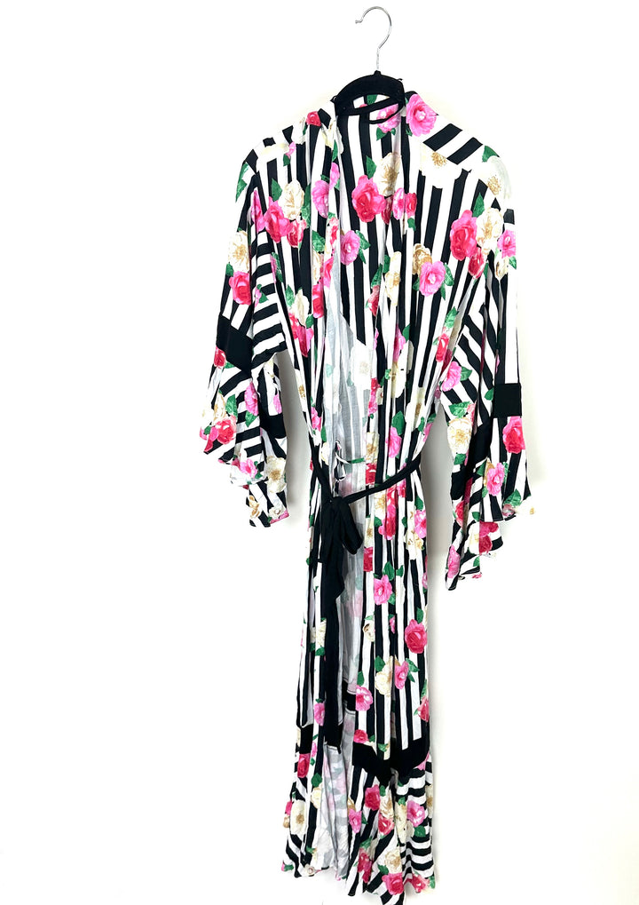 Black & White Striped & Floral Printed Robe - Small