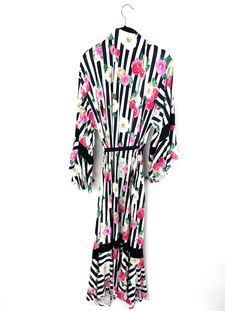Black & White Striped & Floral Printed Robe - Small