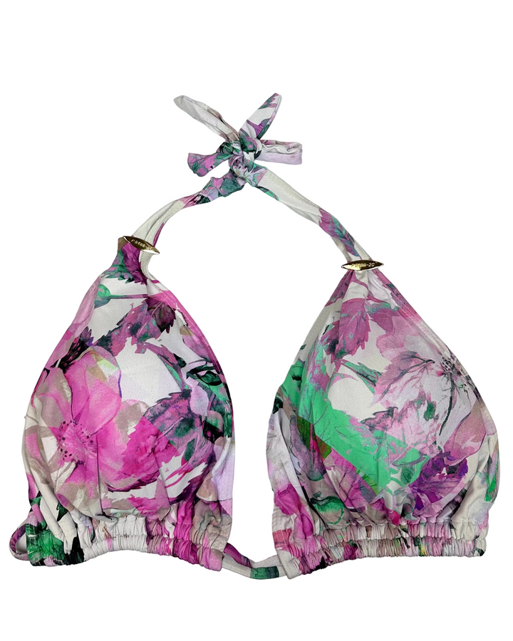 Purple Floral and White Double String Multi Wear Bikini Top - Large