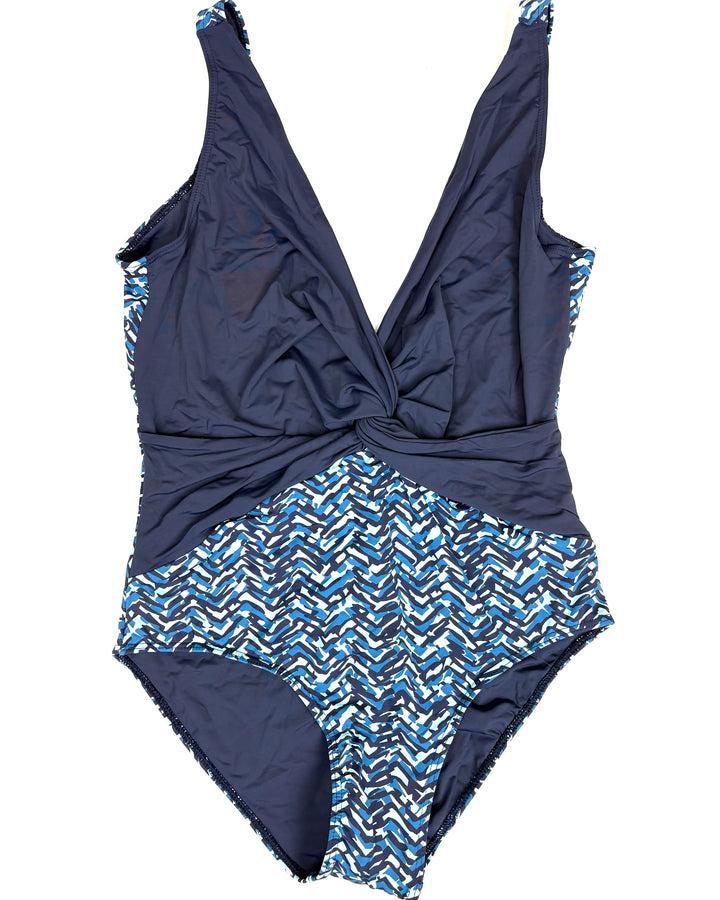Abstract Blue Deep V-Neck One Piece Swimsuit - Size 2/4 and 10/12