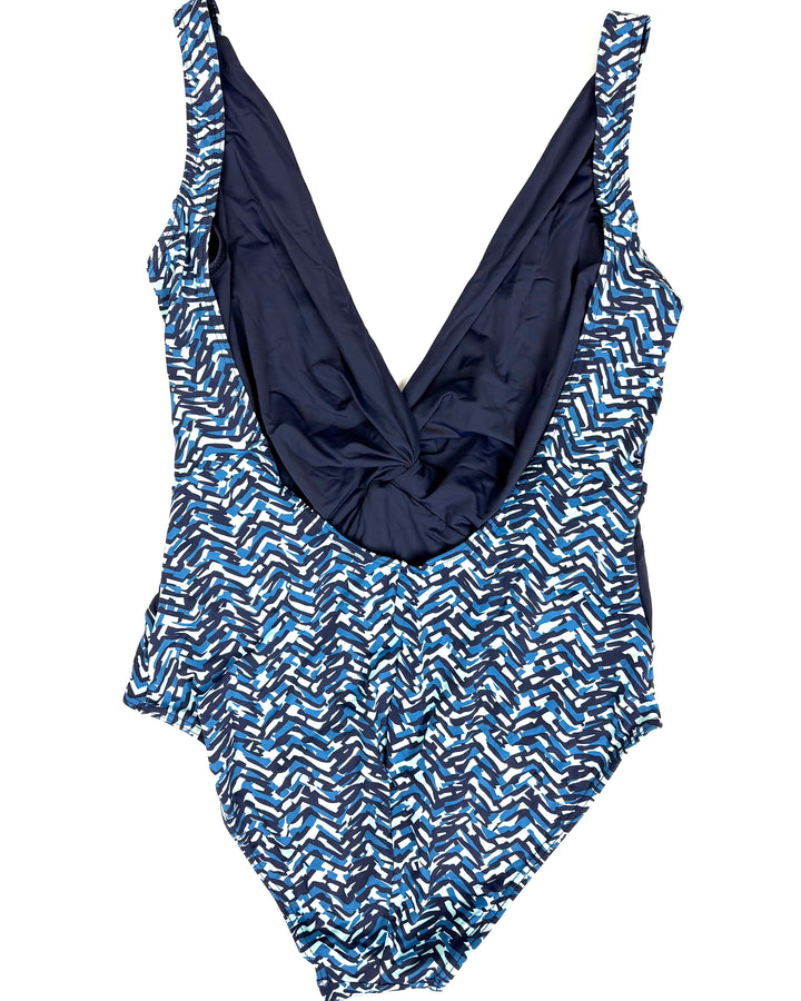 Abstract Blue Deep V-Neck One Piece Swimsuit - Size 2/4 and 10/12