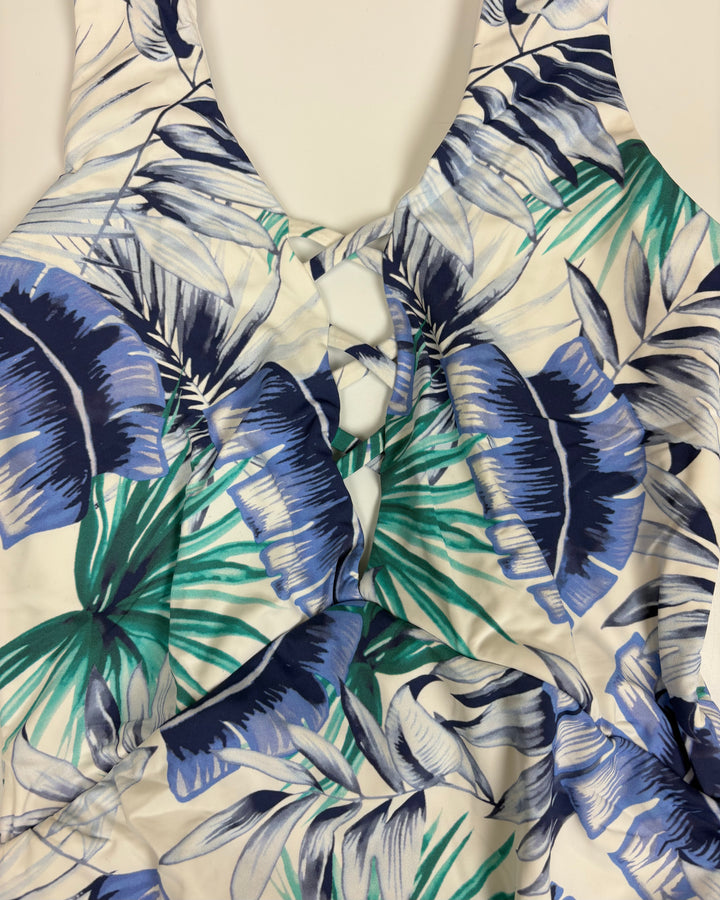 White Leaf Print Crisscross One Piece - Size 2/4