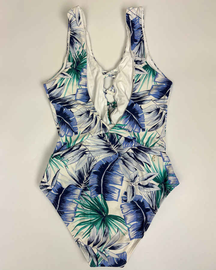 White Leaf Print Crisscross One Piece - Size 2/4