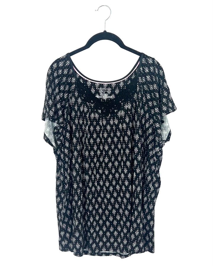 Black Floral Print Pajama Set - 1X