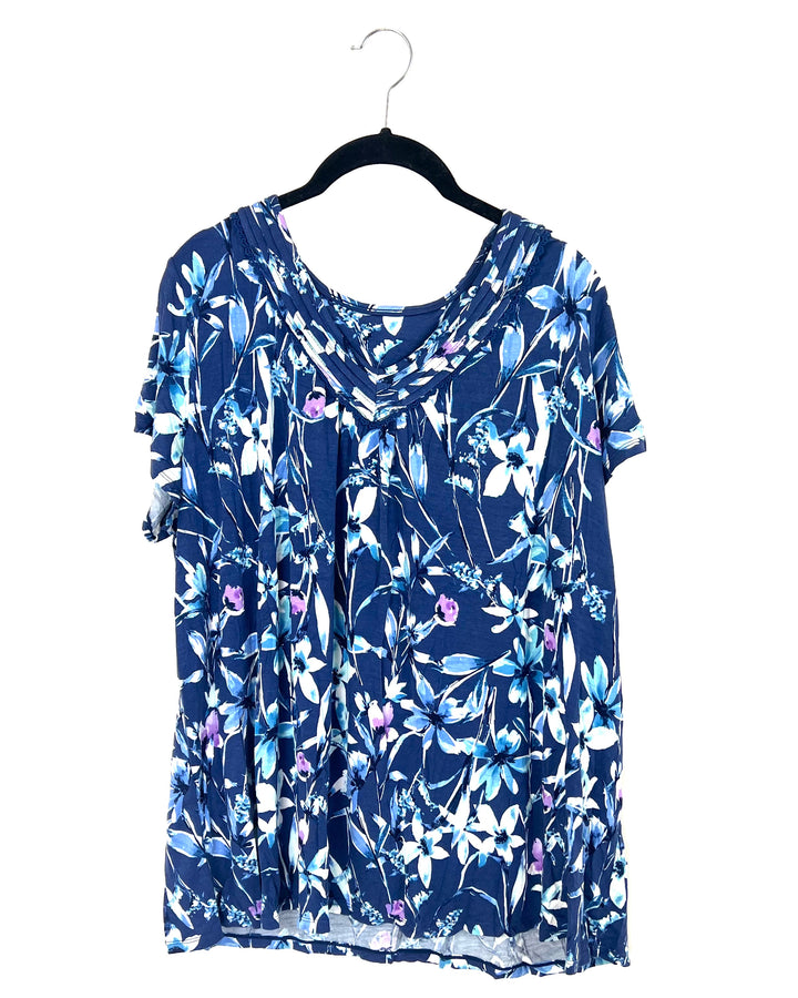 Blue And Purple Short Sleeve Floral Pajama Shirt - 1X