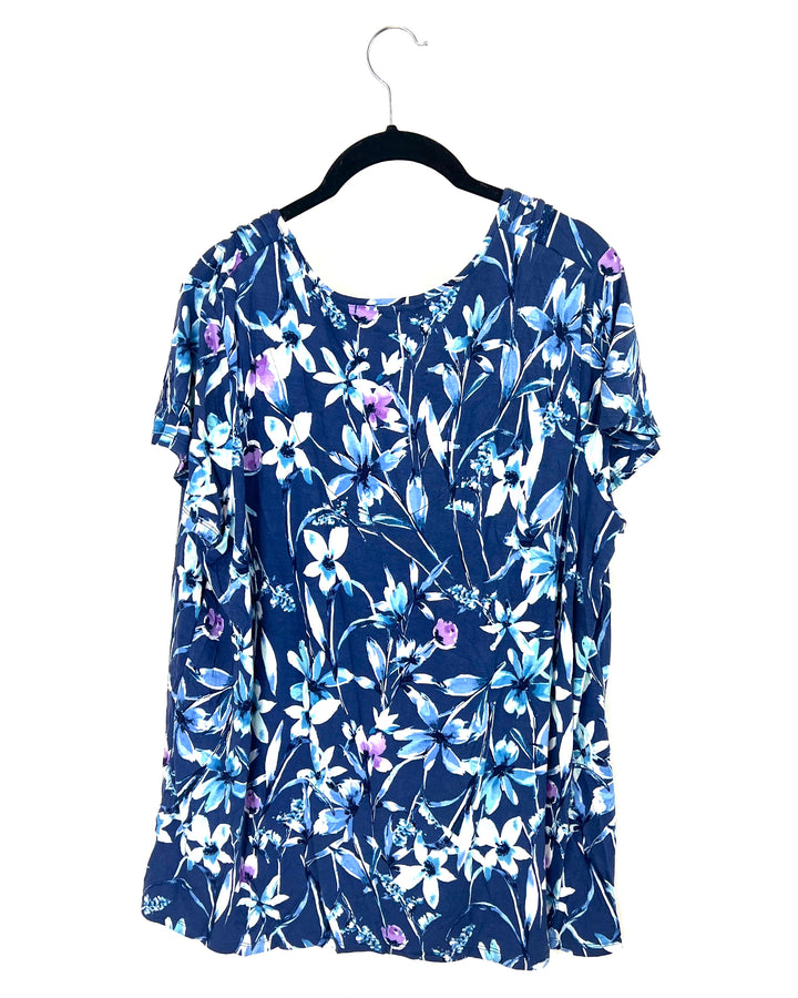 Blue And Purple Short Sleeve Floral Pajama Shirt - 1X