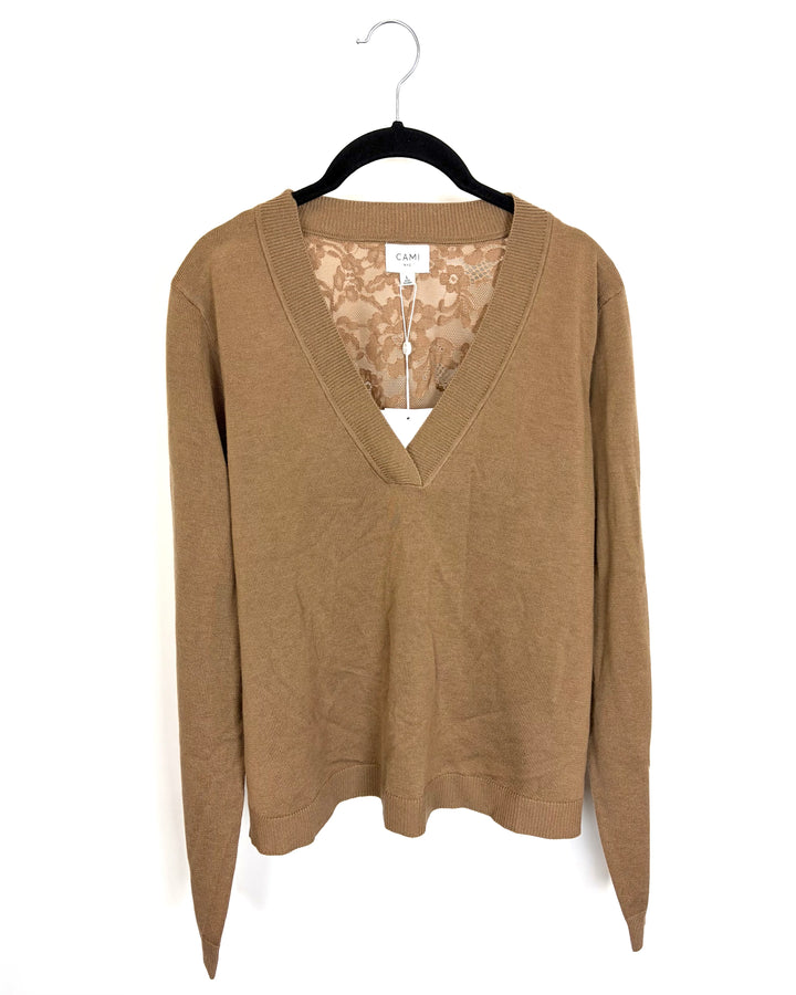Brown Lace V-Neck Sweater- Size 6/8