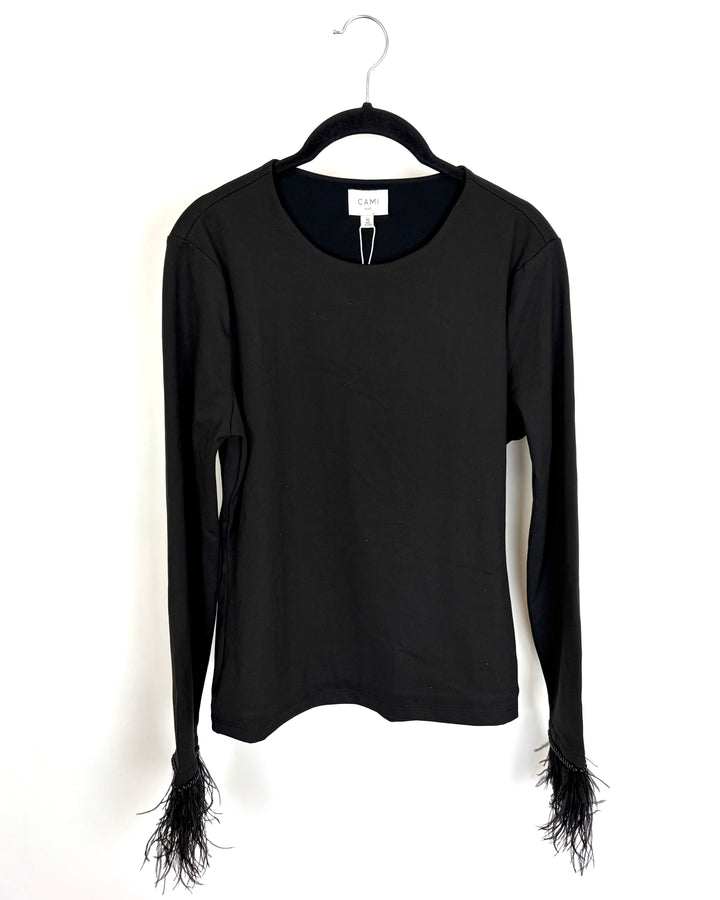 Black Feather Trim Long Sleeve - Size 12/14