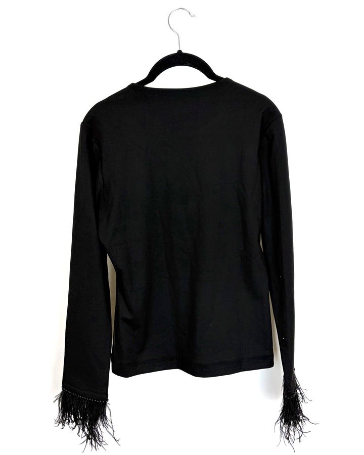 Black Feather Trim Long Sleeve - Size 12/14