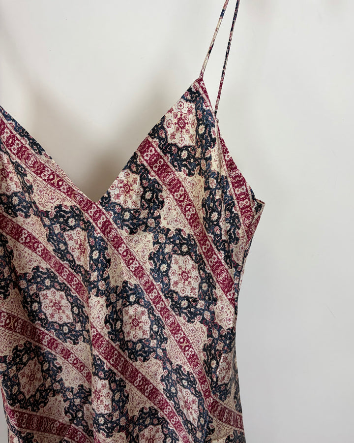 Burgundy & Navy Print Slip Dress - Size 4/6