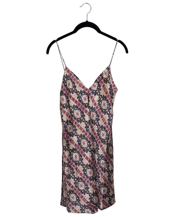 Burgundy & Navy Print Slip Dress - Size 4/6