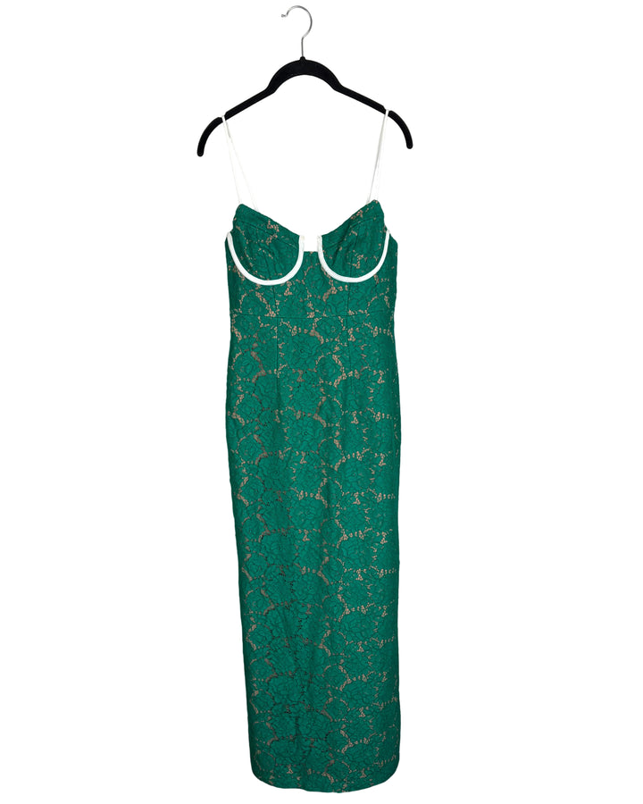 Emerald Green Lace Dress With White Piping -Size 2/4