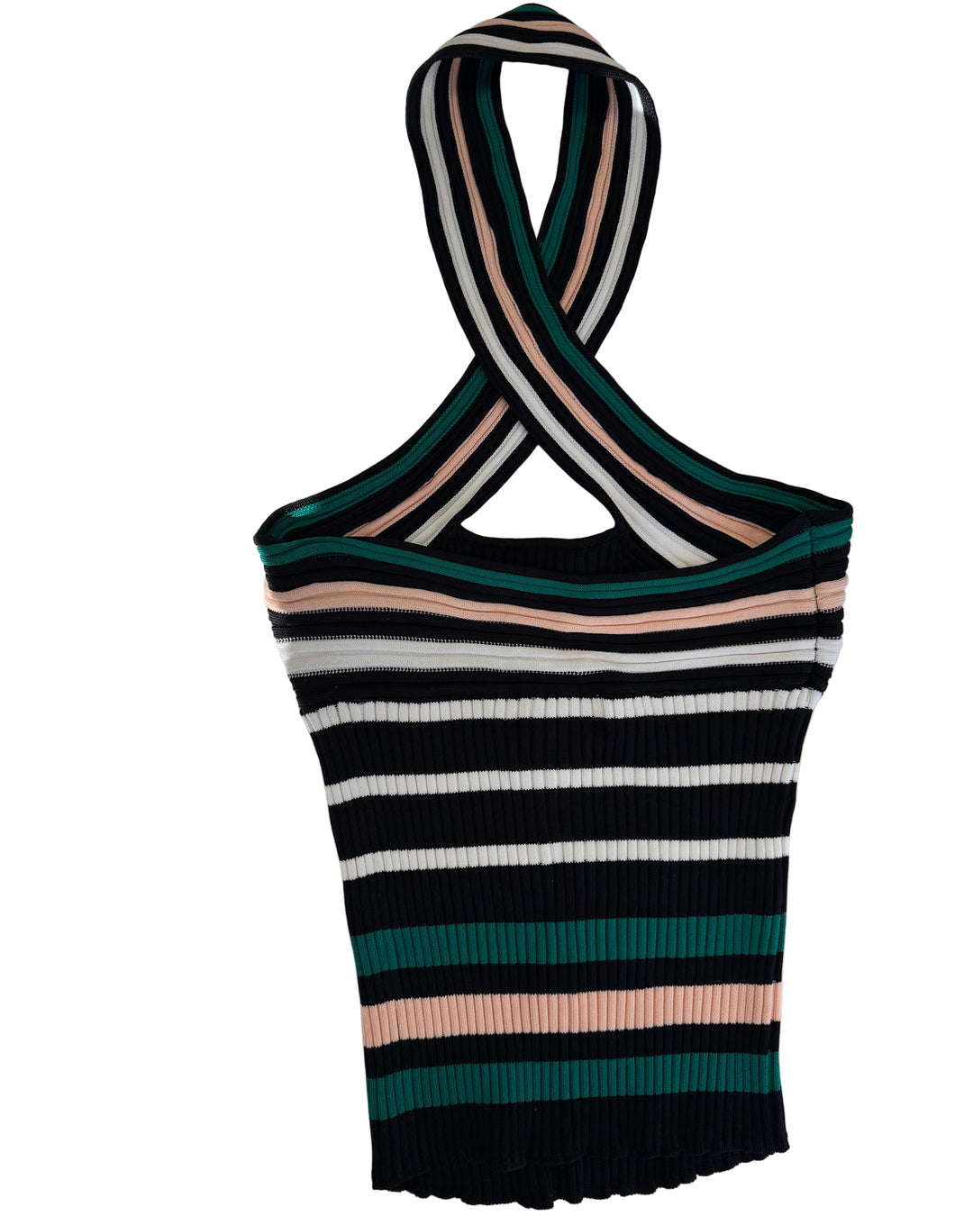 Black Striped Criss Cross Halter Neck Top - Size 2/4