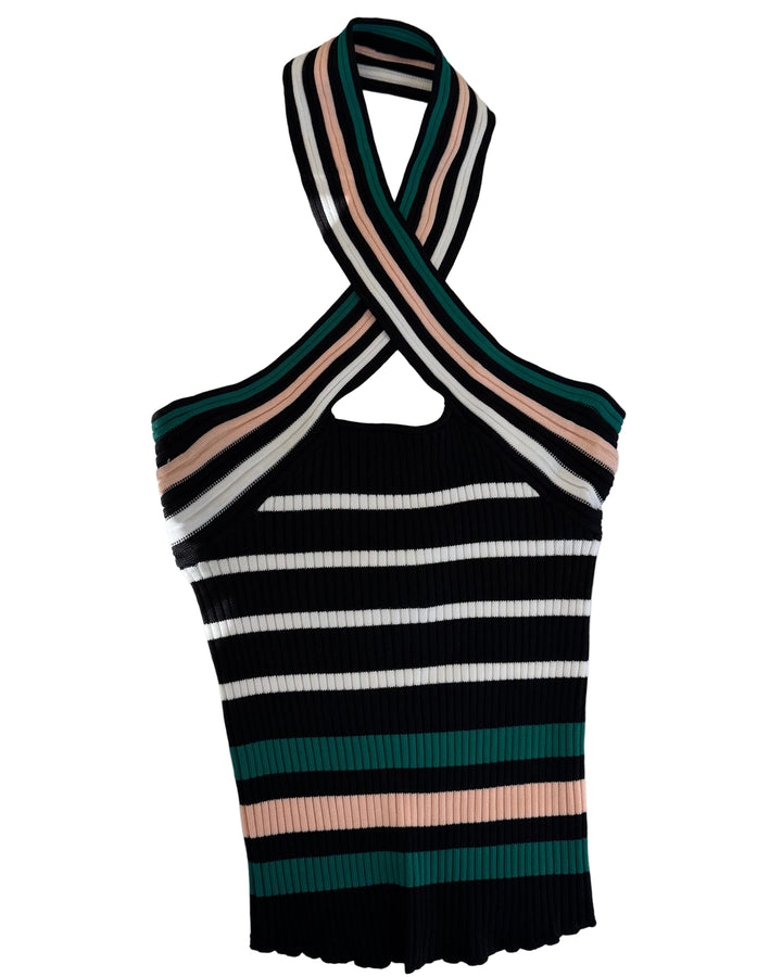 Black Striped Criss Cross Halter Neck Top - Size 2/4