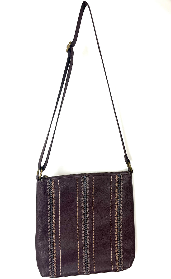 Brown Leather Embroidered Crossbody Tote Bag