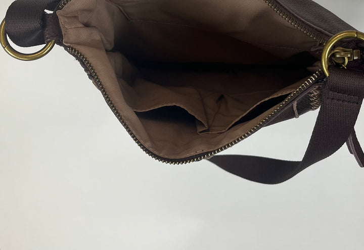 Brown Leather Embroidered Crossbody Tote Bag