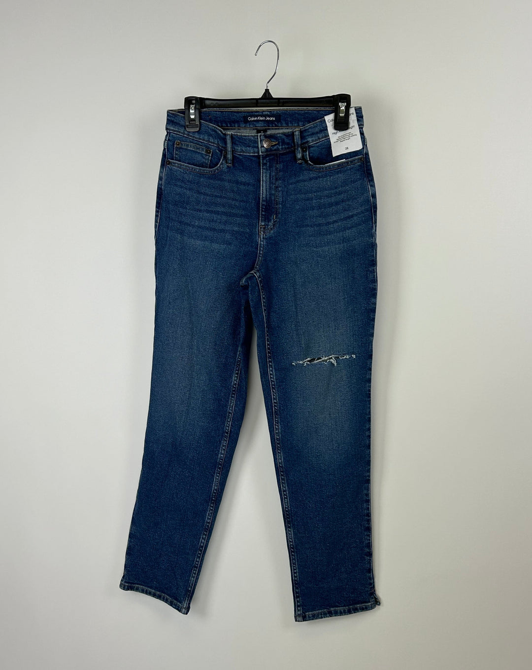 High Rise Straight Denim Jeans With Rip - Size 28