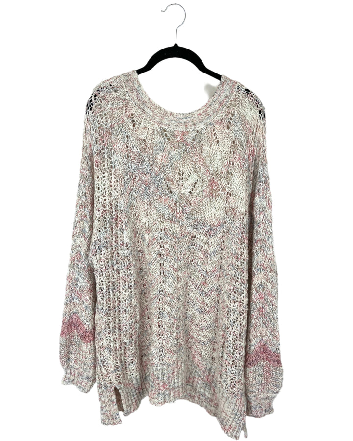 Cream Pink and Blue Chunky Knit Sweater - Size 1X